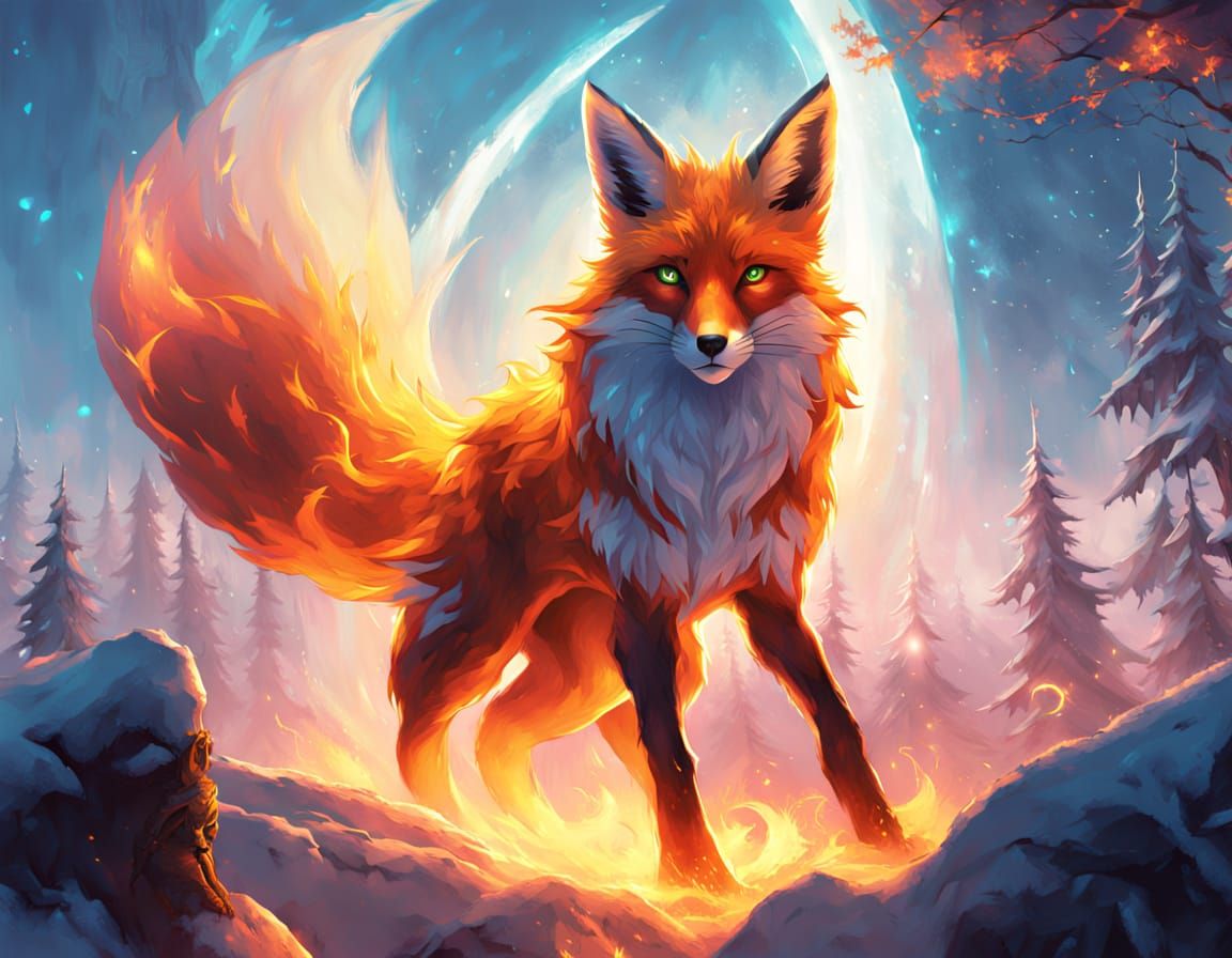 Fire Fox Elemental in Aurora Borealis Landscape