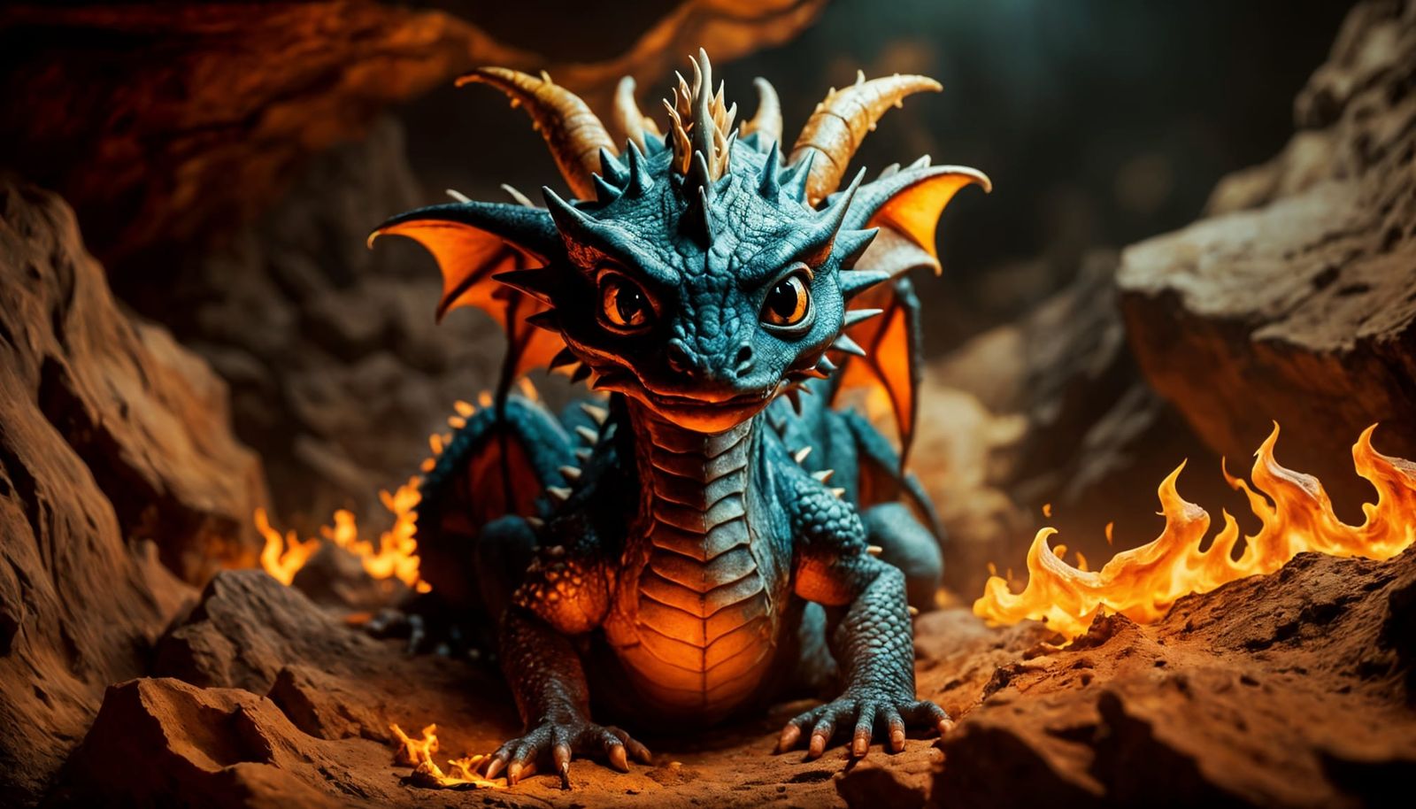 Dramatic Dragon Baby with Flames: Cinematic Film Still