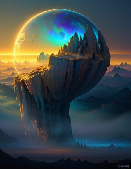 Alien in Mystical Landscape as Oil Painting