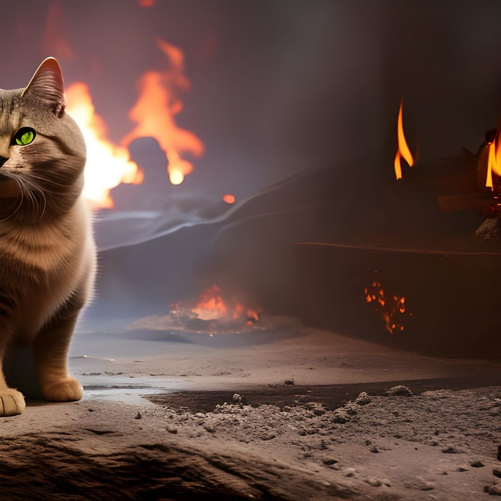 Glowing-Eyed Cat by Fireplace: Matte Painting