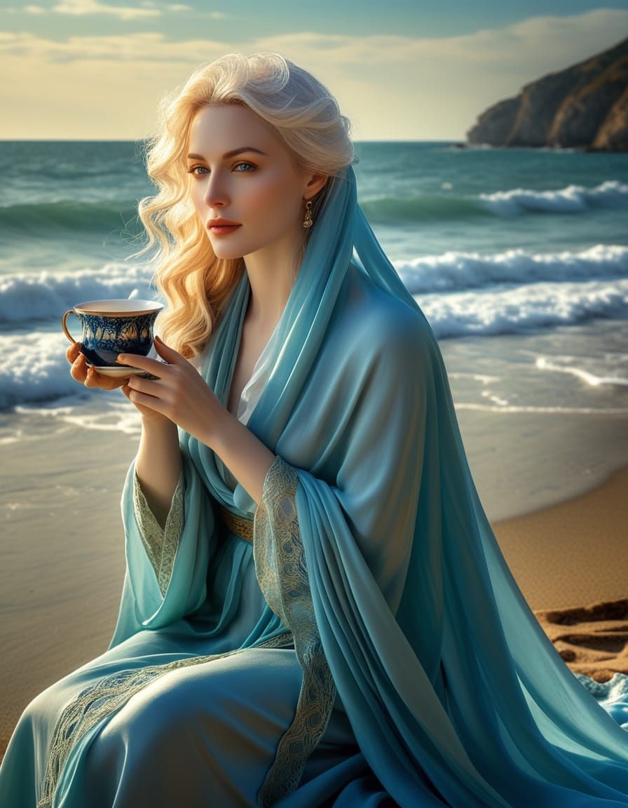 Elegant Woman Having Tea on Beach in Pre-Raphaelite Style