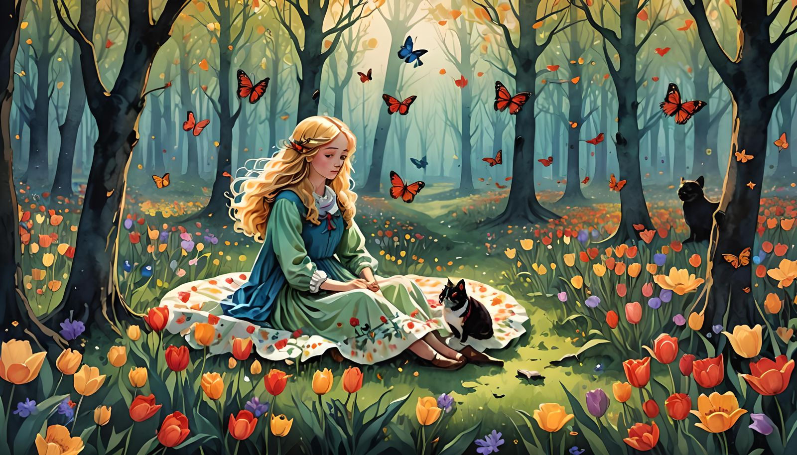 Goldilocks' Butterfly Picnic in Digital Watercolor