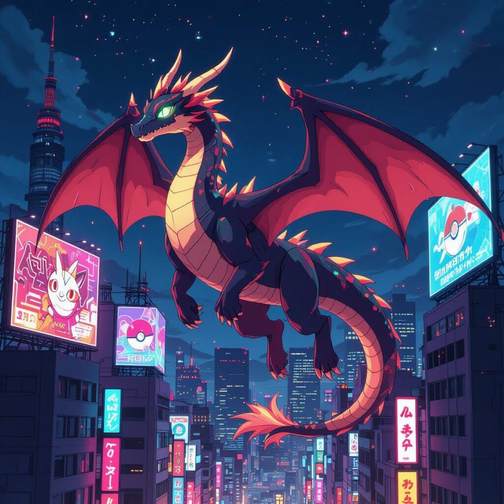 Dragon Soaring Over Futuristic Tokyo in Anime Style