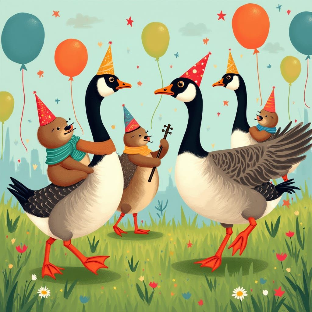 Canada Geese Party in Charley Harper Style