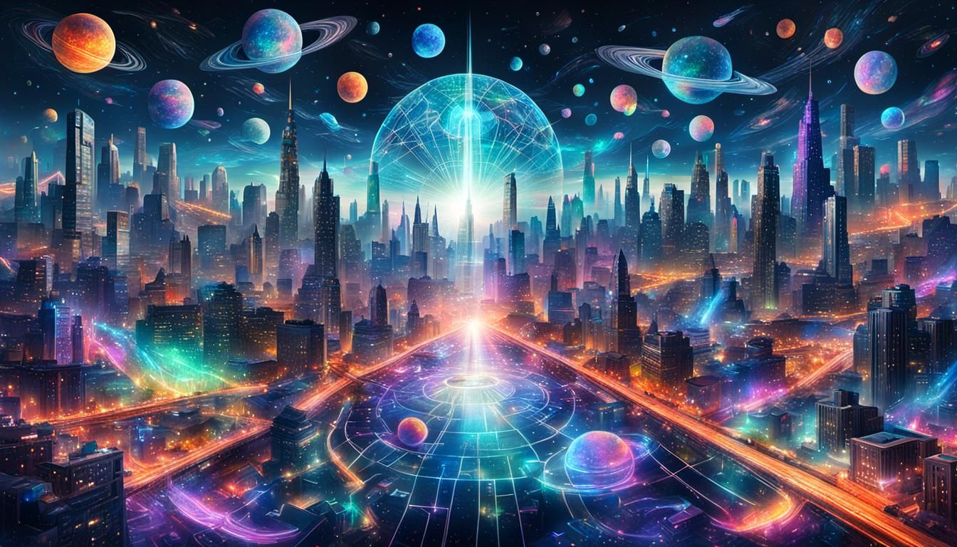 Chaotic Night City: Holographic Astral Cosmic Illustration