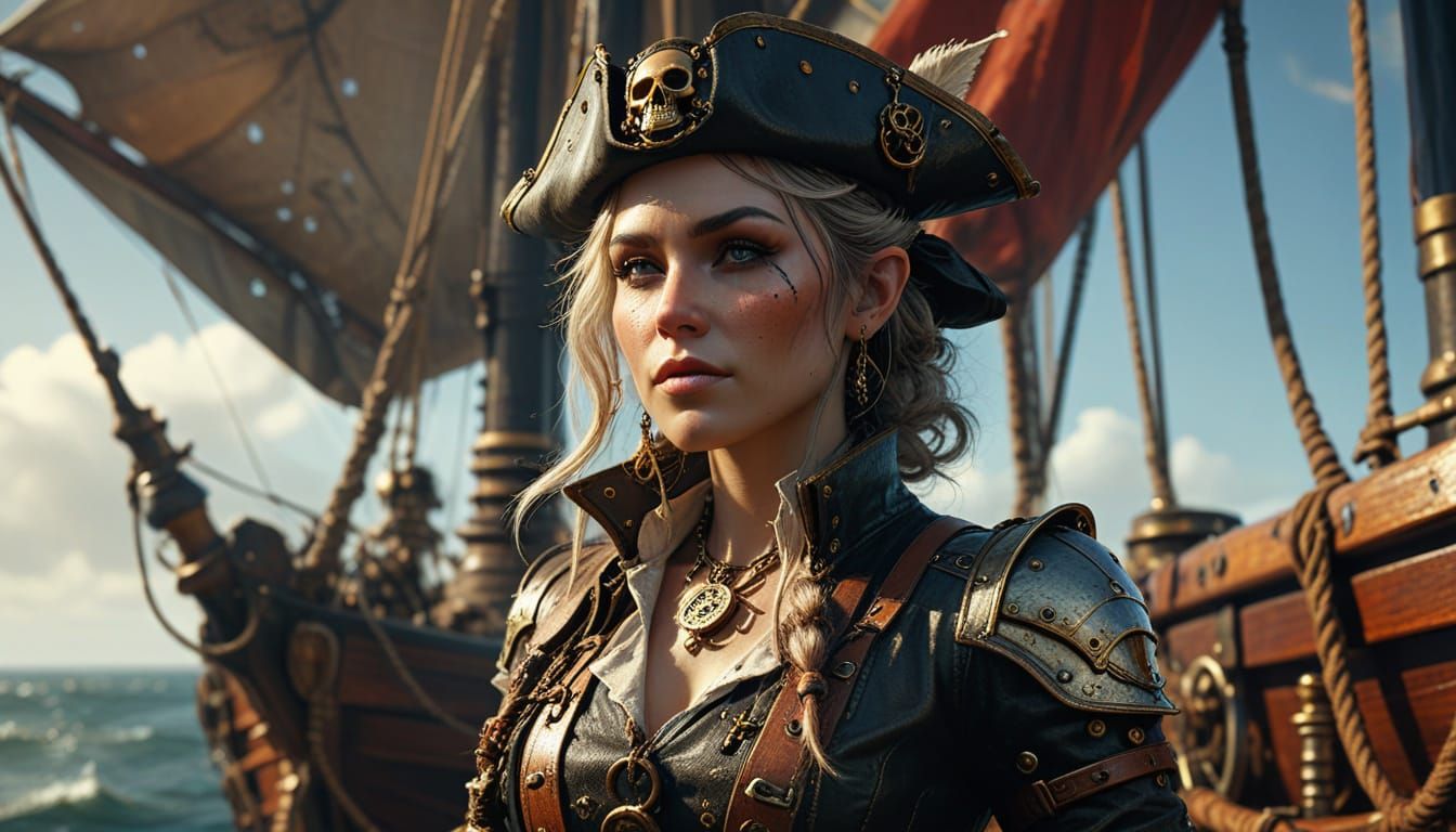 Steampunk Elf Pirate on a Schooner in Golden Light
