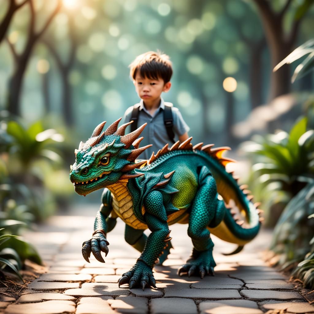 Boy Walking with His Faithful Dragon Companion