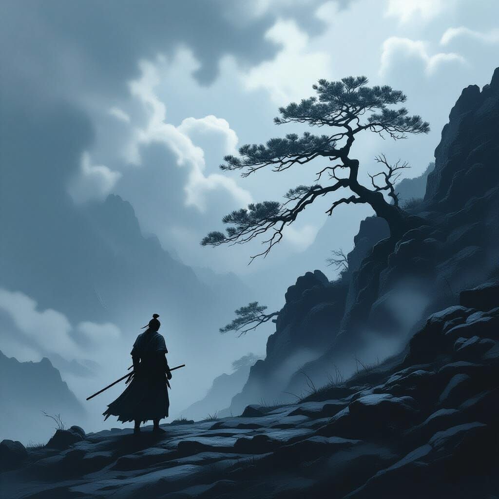 Samurai Warrior on Stormy Peak in Dark Fantasy Style