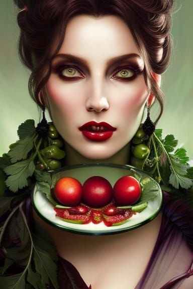 A portrait of a beautiful female vampire with her next healthy meal