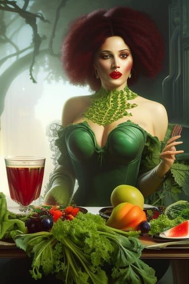 A portrait of a beautiful female vampire with her next healthy meal