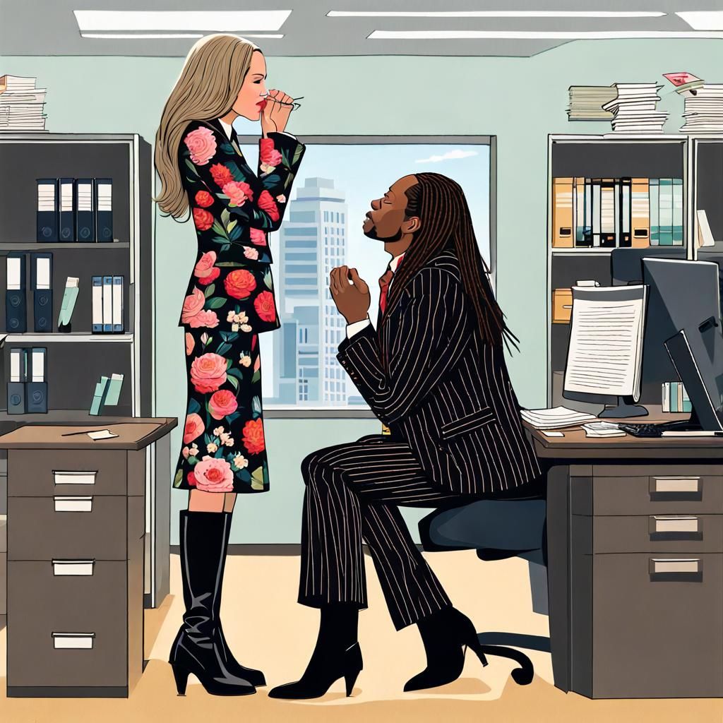 Realistic Photo of Crossdresser Kissing Businesswoman