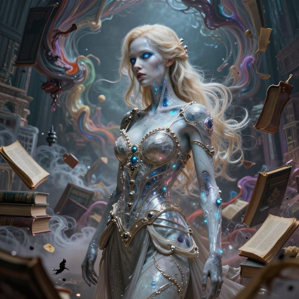 Blond Cyborg Girl in Vortex of Color
