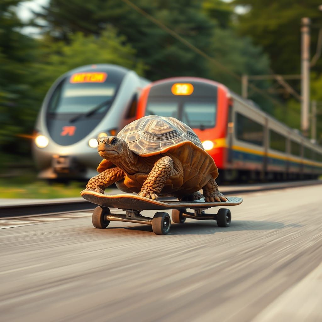 Surreal Scene of Tortoise on Skateboard Surpasses Bullet Tra...