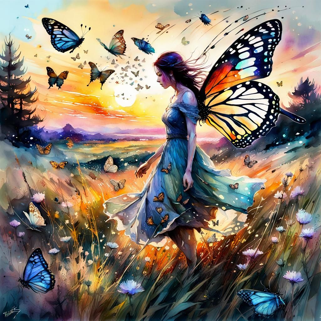 Butterflies in a Luminous Meadow: Digital Watercolor Art