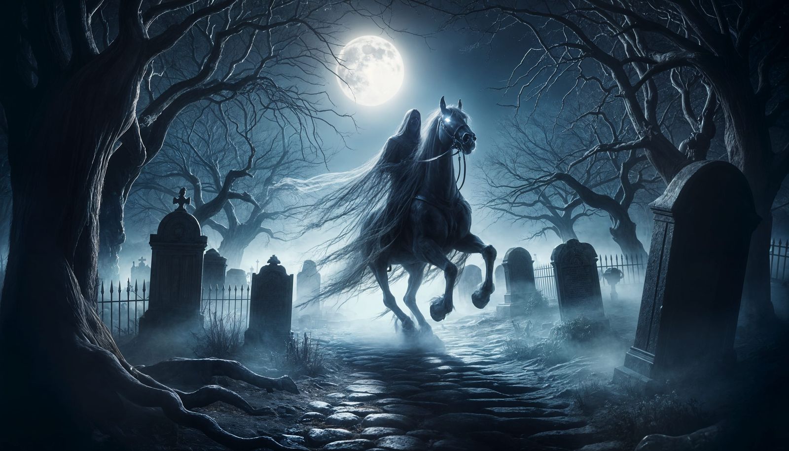 Ethereal Headless Horseman Rides Through Gothic Graveyard
