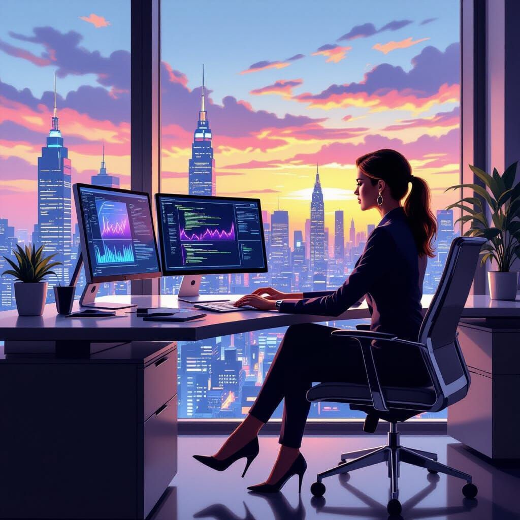 Futuristic Businesswoman in Sleek Office, Digital Art