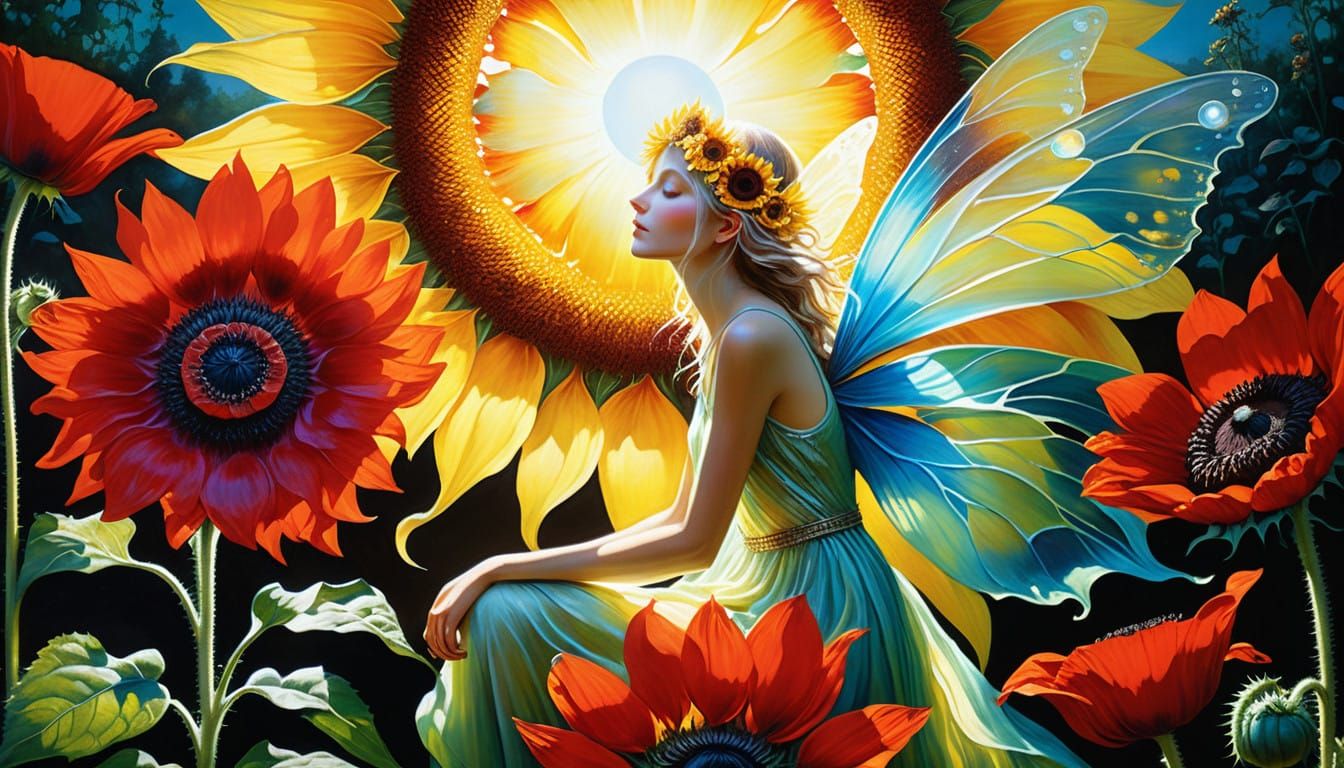 Vibrant Bioluminescent Fairy in Sunny Garden