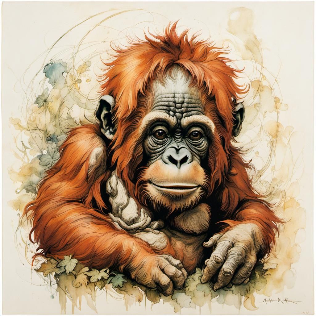 Orangutan Baby in Rackham, Griffiths, and Klee Style