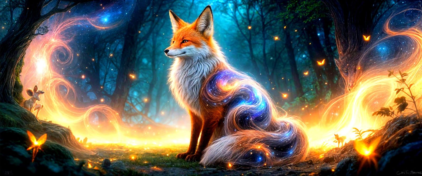Mystical Cosmic Fox in Bioluminescent Forest