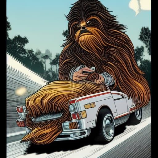 Sleepy Wookiee Drives Car in Comic Book Art Style