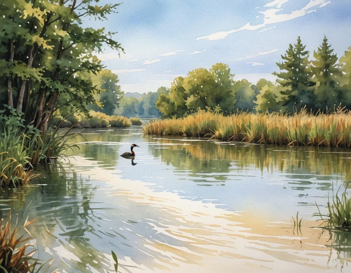 Great Crested Grebe in Watercolor Comic Art Style