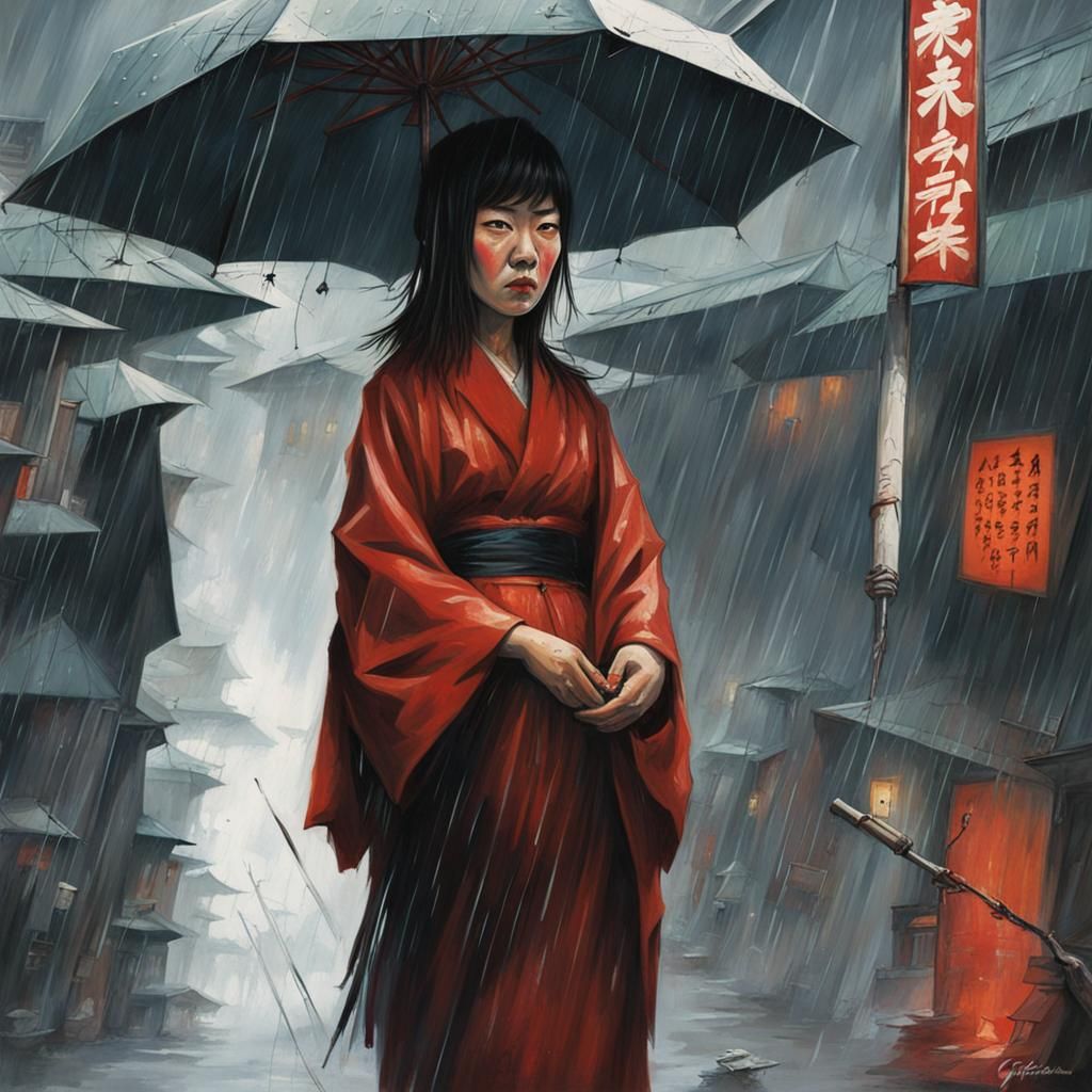 Japanese Women in Rain, Sinister Digital Art