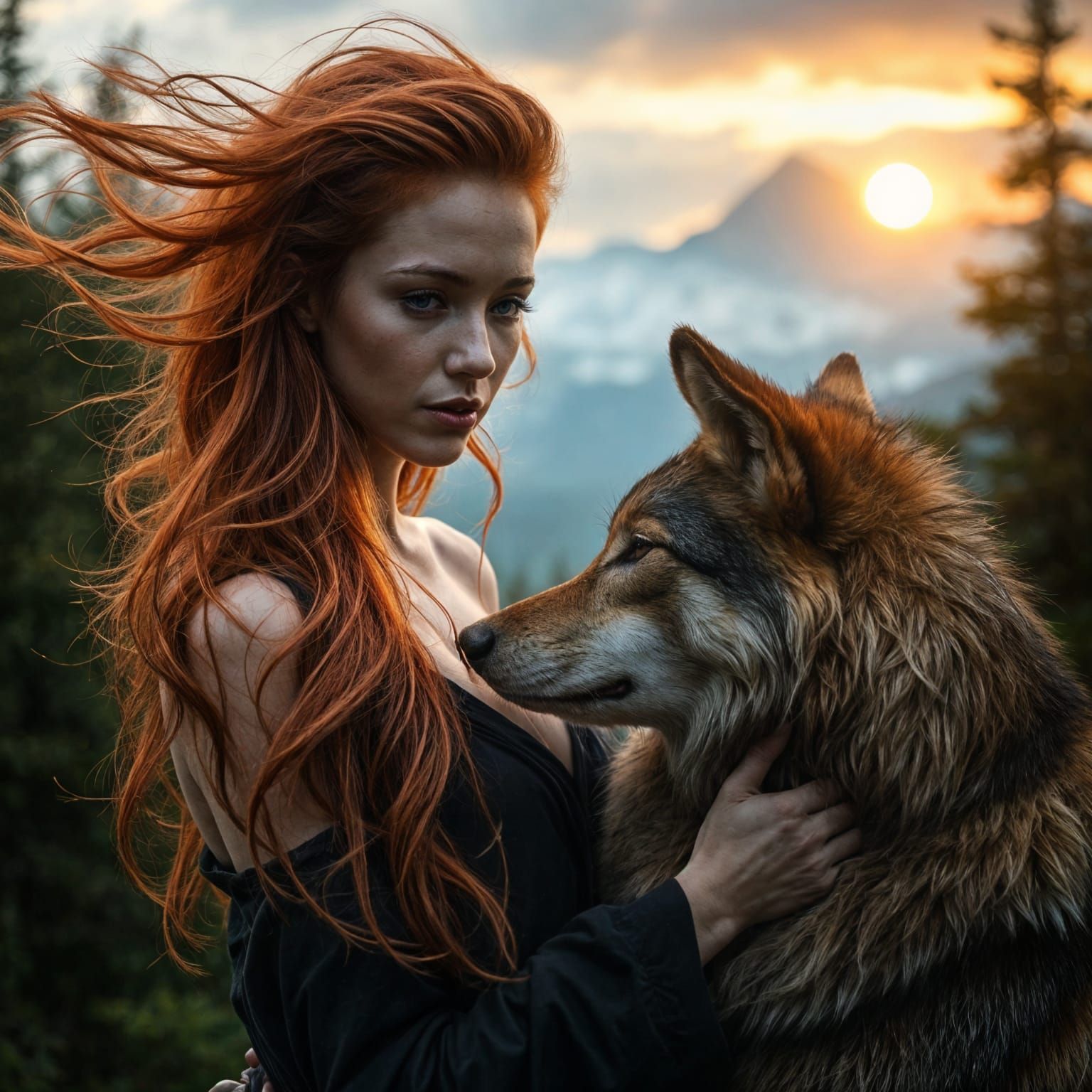 Woman and Dire Wolf in Forest at Sunset