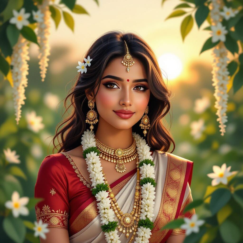 Indian Woman in Lush Garden: Digital Anime Art