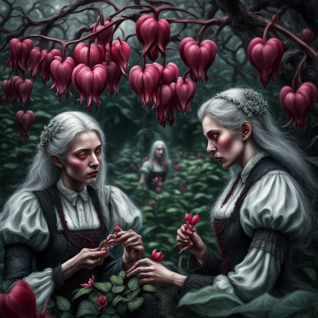 Witches Tend Bleeding Heart Garden: Hyperrealistic Image