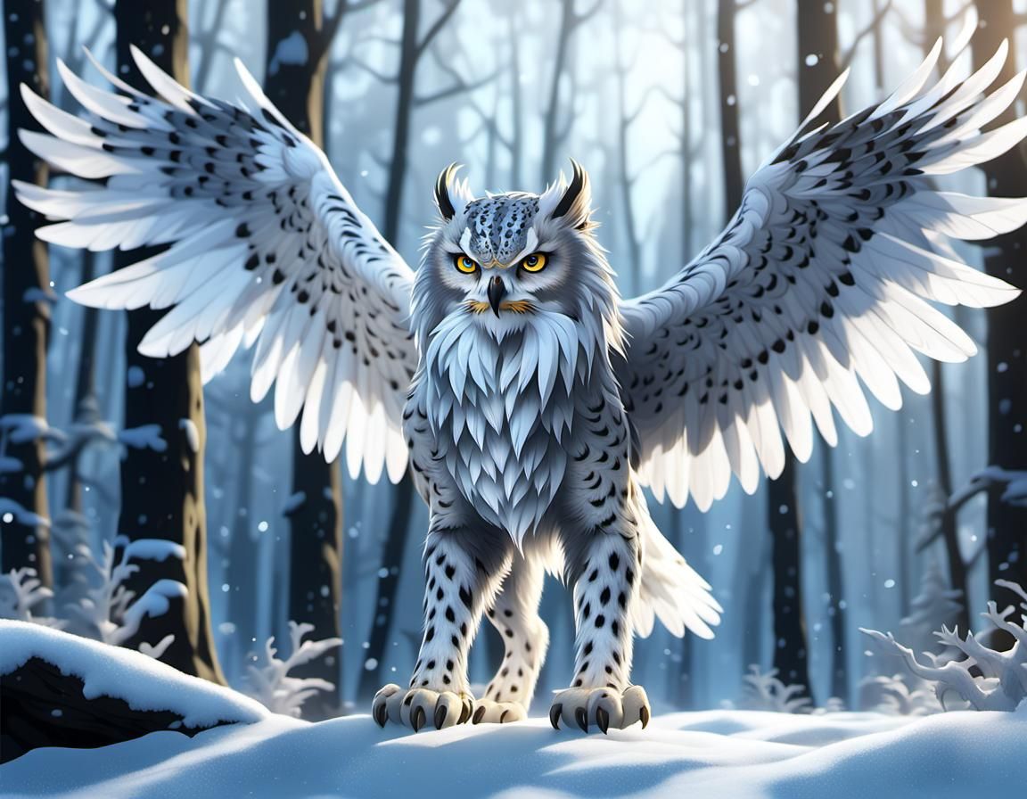 Majestic Griffon Transitions in Snowy Anime Forest