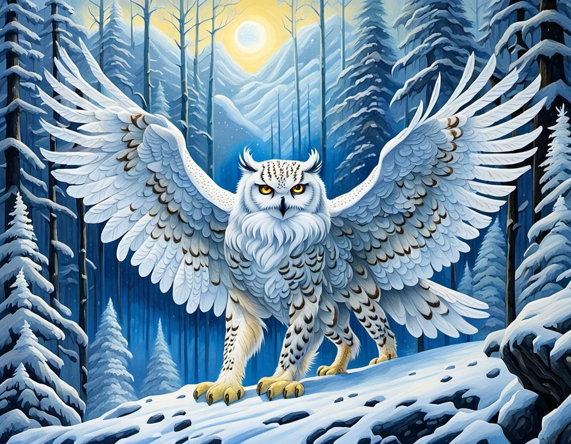 Snow Owl Griffon Gliding Through Snowy Forest