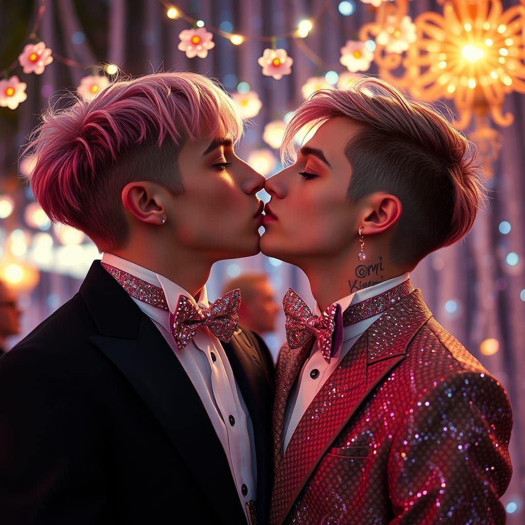 Whimsical British Gentlemen Share a Kiss Under Glittering Li...