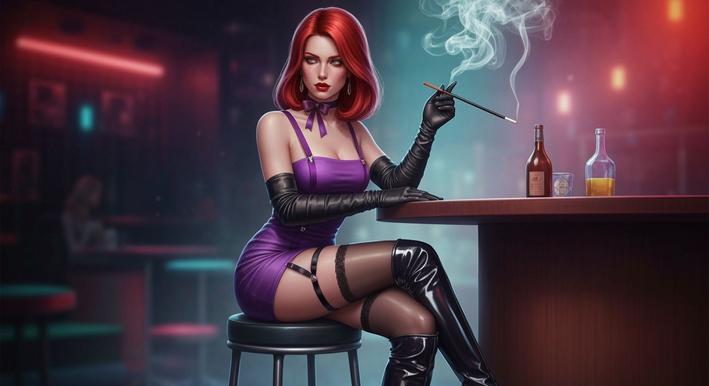 Redhead in Purple Dress at Nightclub, Hyperrealistic Style