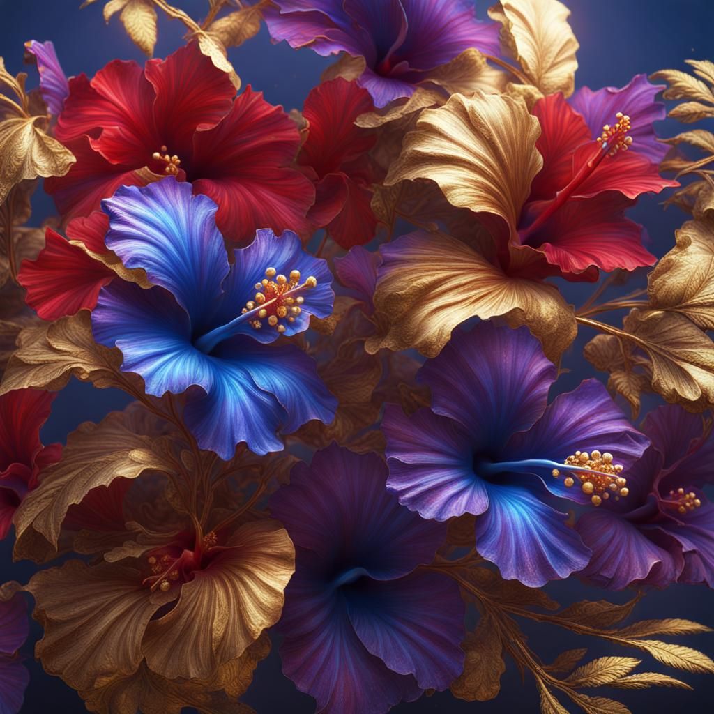 Vibrant Gold-Textured Hibiscus in Detailed Matte Painting