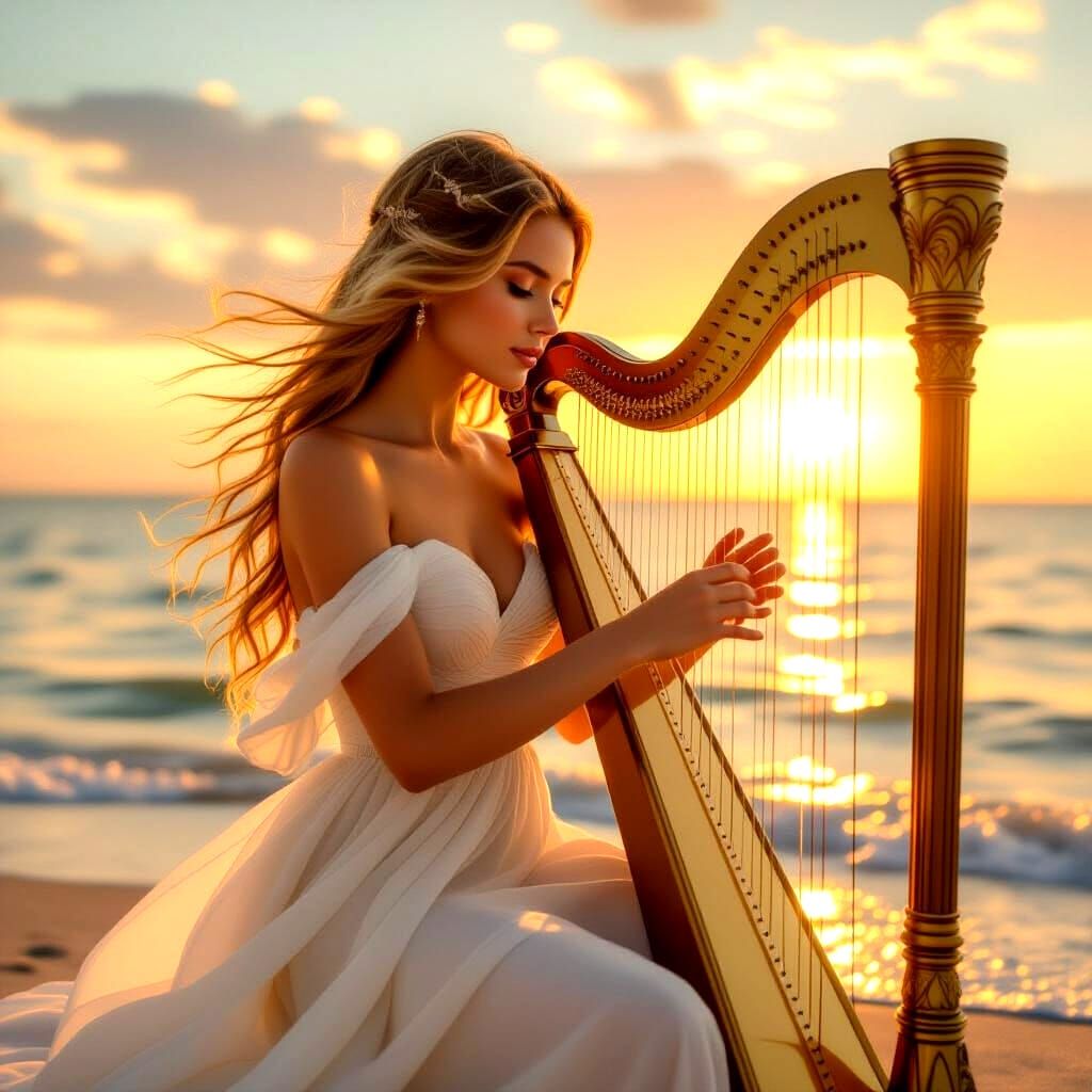 Seaside Serenity: Woman Playing Harp