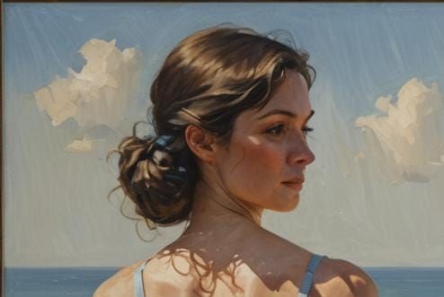 Woman in Deep Blue Gaze at Pale Yellow Form