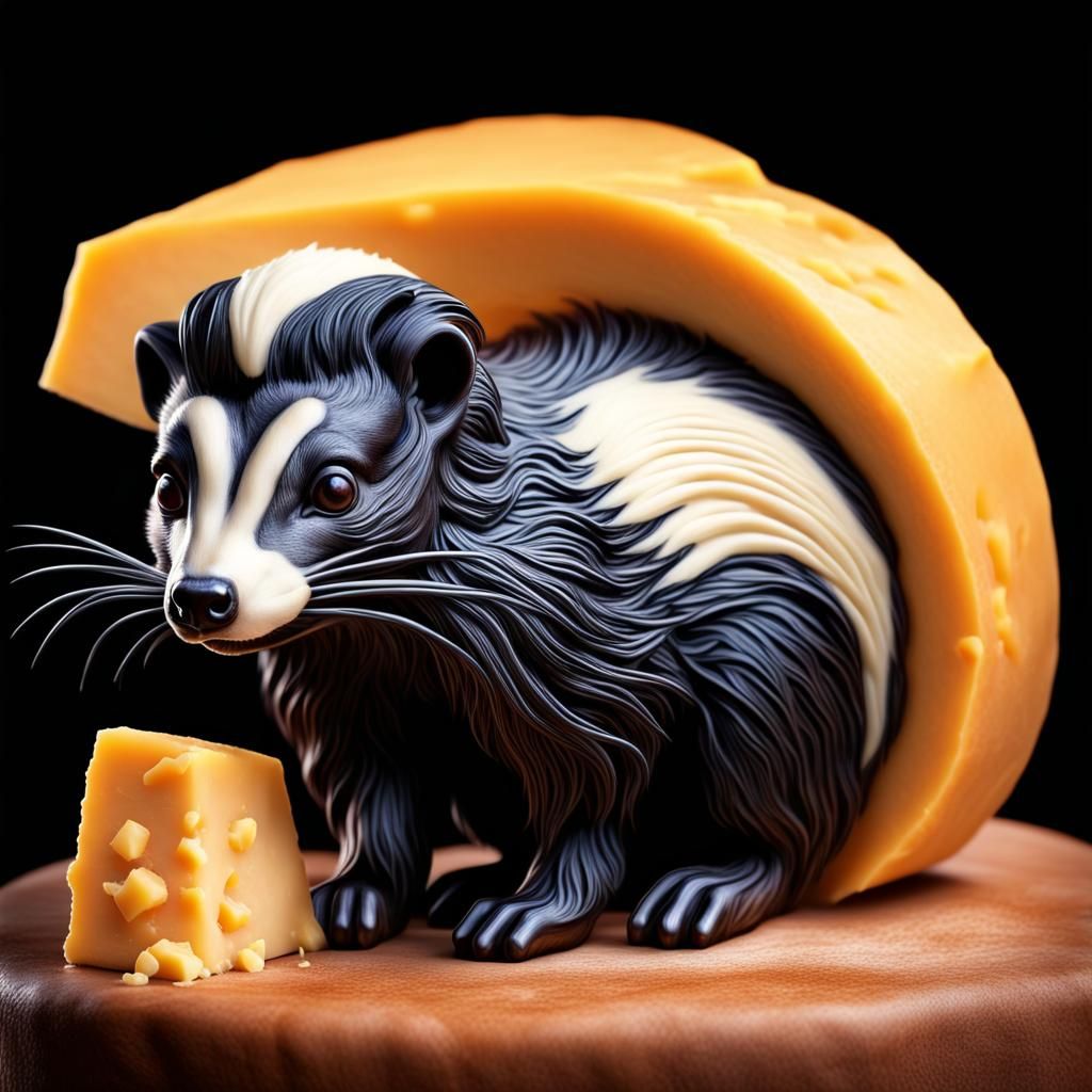 detailed skunk made of cheddar cheese,  intricate details, HDR, beautifully shot, hyperrealistic, sharp focus, 64 megapi...