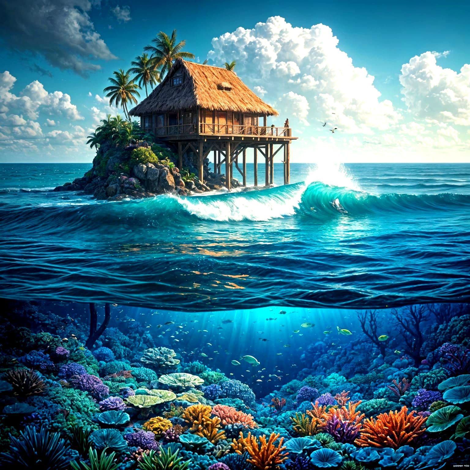 Tropical Hut Above Coral Reef