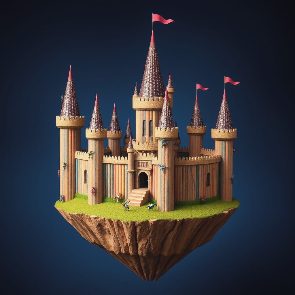 Pencil Castle on Floating Island, Bosch-Inspired Whimsy