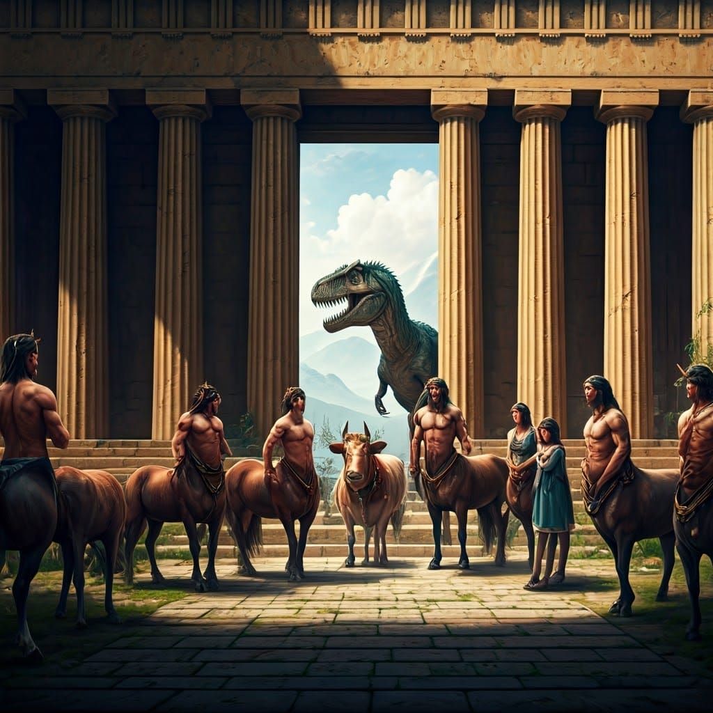Centaurs Present Gift to Tyrannosaurus Rex in Temple