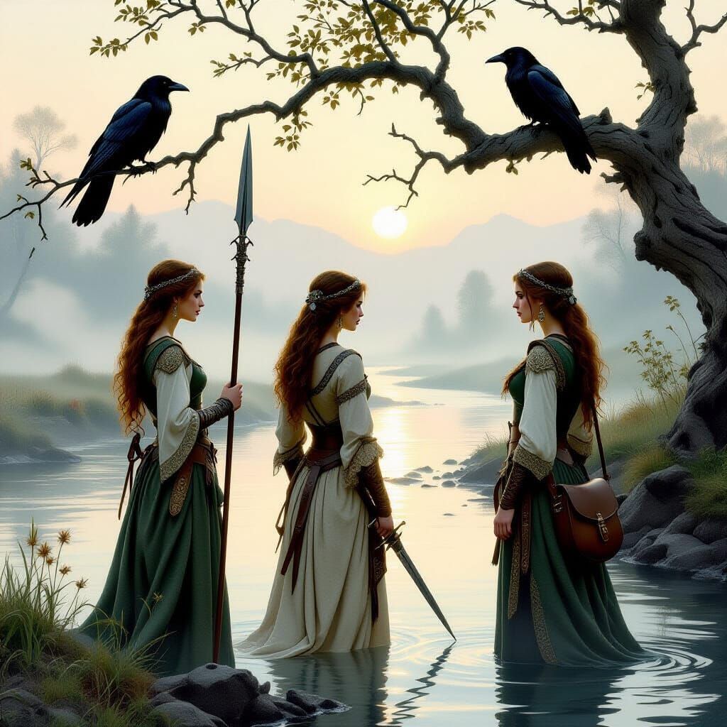 Celtic Warrior Women by Misty River in Early Morning Light