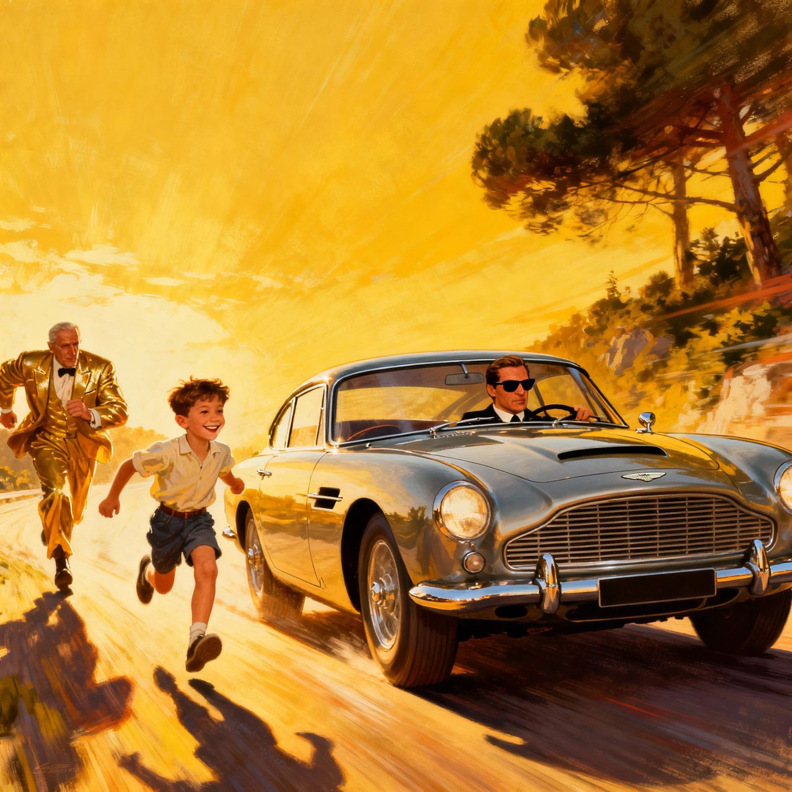 James Bond Chases Goldfinger in Aston Martin with Smiling Bo...