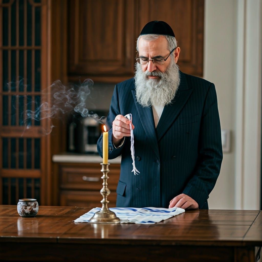 An ultra-Orthodox Hasidic Jew with a shtreimel on his head stands with a Havdalah cup with a Havdalah candle and incense...