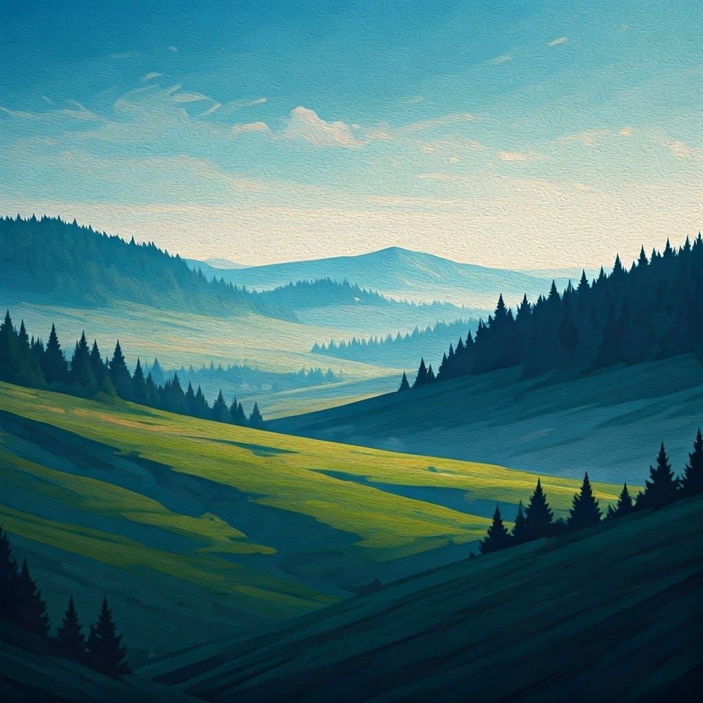 Tranquil Neo-Impressionist Landscape in Blues and Greens