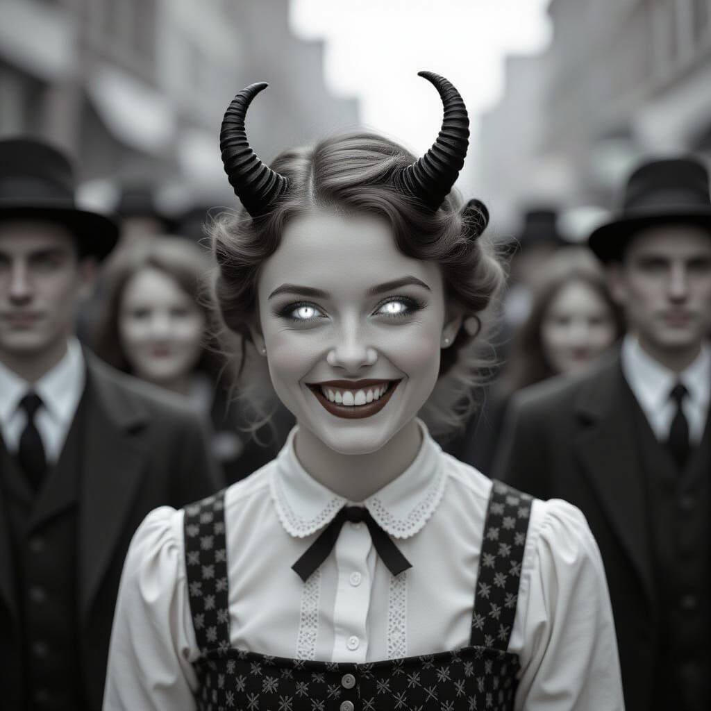 Vintage Horror: Woman in Crowd with Glowing Eyes