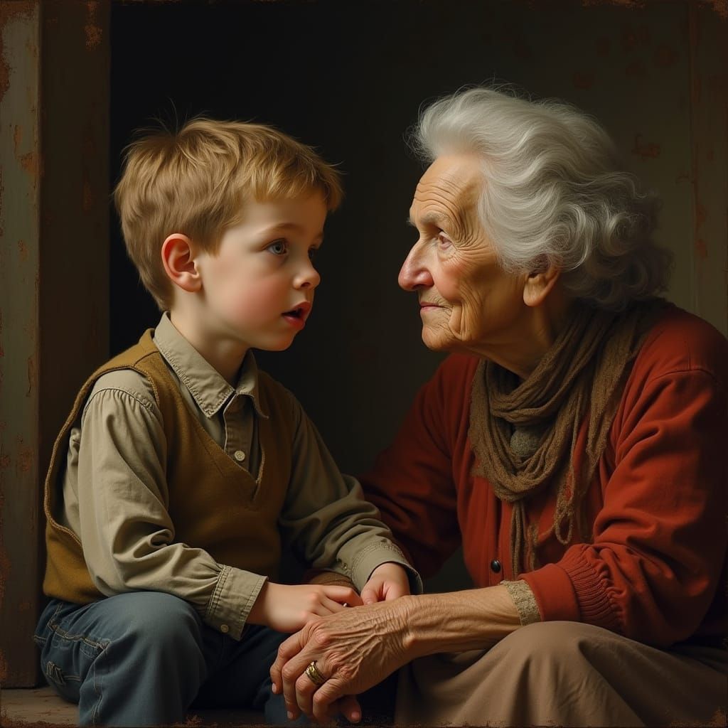 A Young Boy Listens in Awe to His Wise Grandmother
