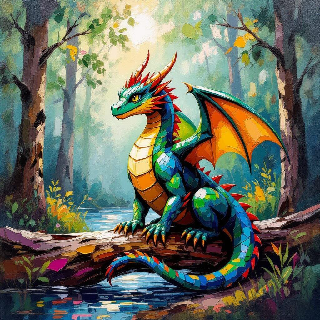 Dragon Sitting on Log in Forest, Neo-Impressionist Style