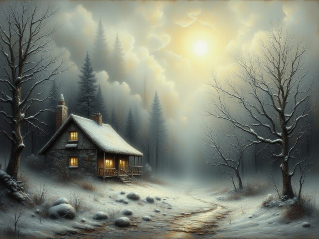 Cozy Winter Cottage in Misty Morning Light