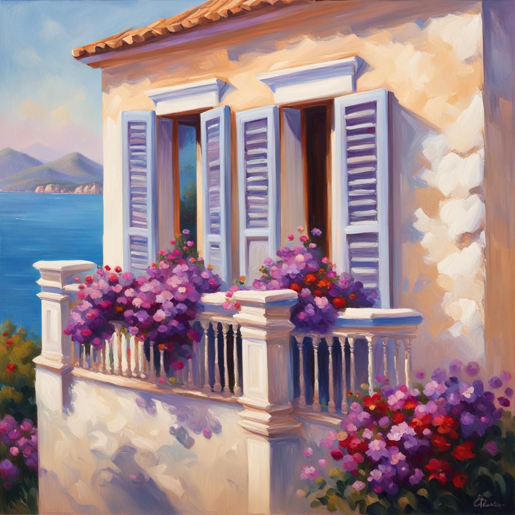 Impressionist Villa with Flowers by the Sea