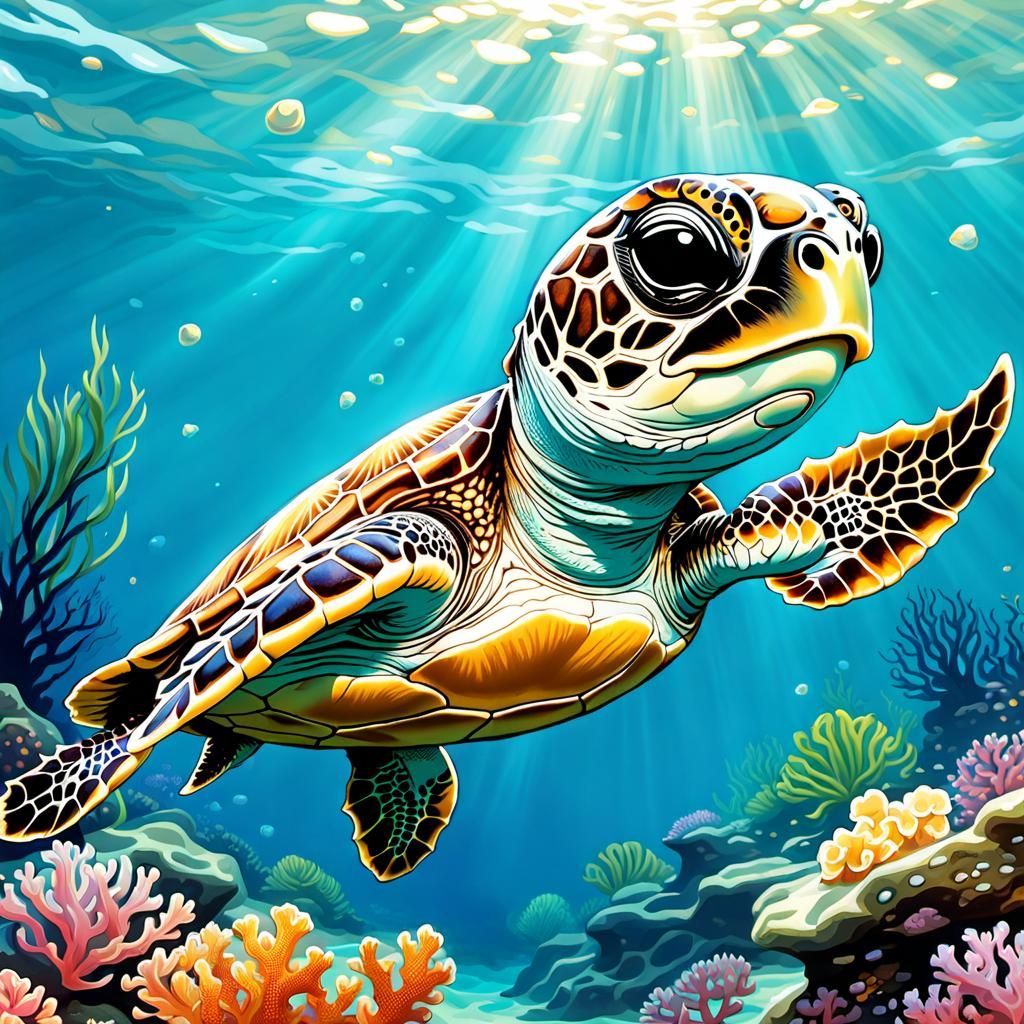 Adorable Chibi Turtle's First Swim in Art Nouveau Style